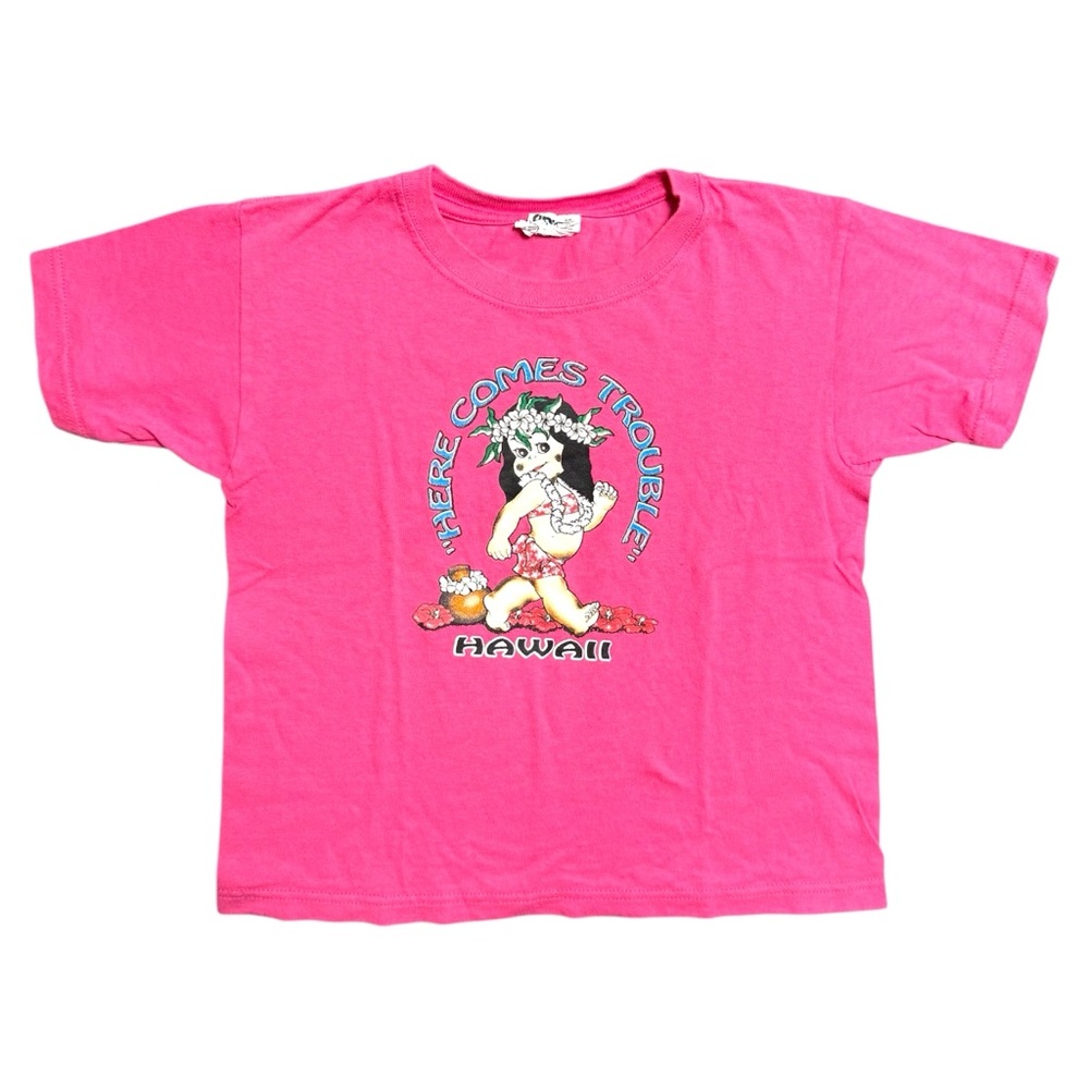 Vintage "Here Comes Trouble" Pink Hawaiian Graphic Baby Tee Youth XS / Kids